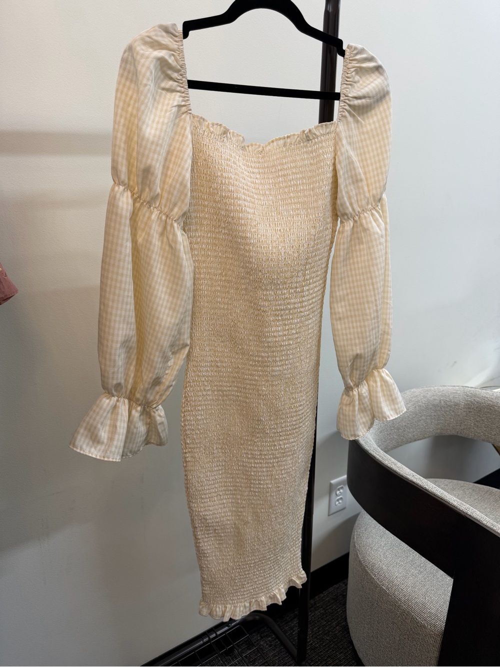 JAUS Smocked Puff-Sleeve Midi Dress in Cream Gingham